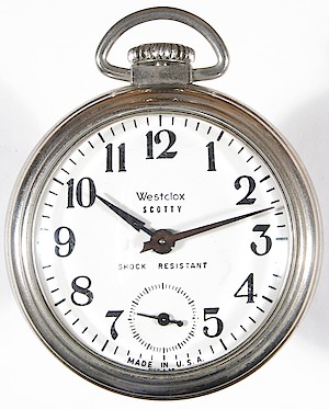 Westclox Scotty Style 3 Pocket Watch. Dauphine minute hand, alpha hour hand