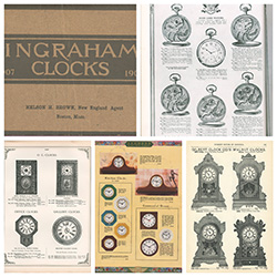 Collage of catalogs from Ingraham, Seth Thomas, Gilbert, Hamilton, etc. clocks and watches