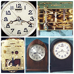 Collage of New Haven-Westinghouse clocks and movement