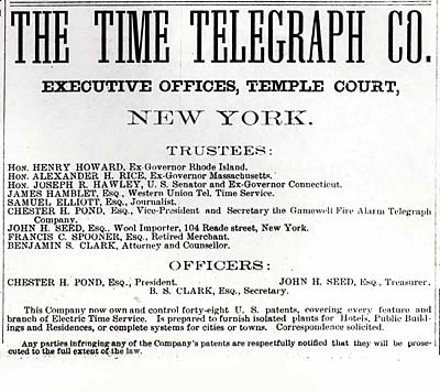 Advertisement for THE TIME TELEGRAPH CO.