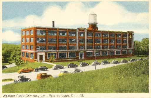 A color postcard showing the Westclox factory in Peterborough, Ontario, Canada