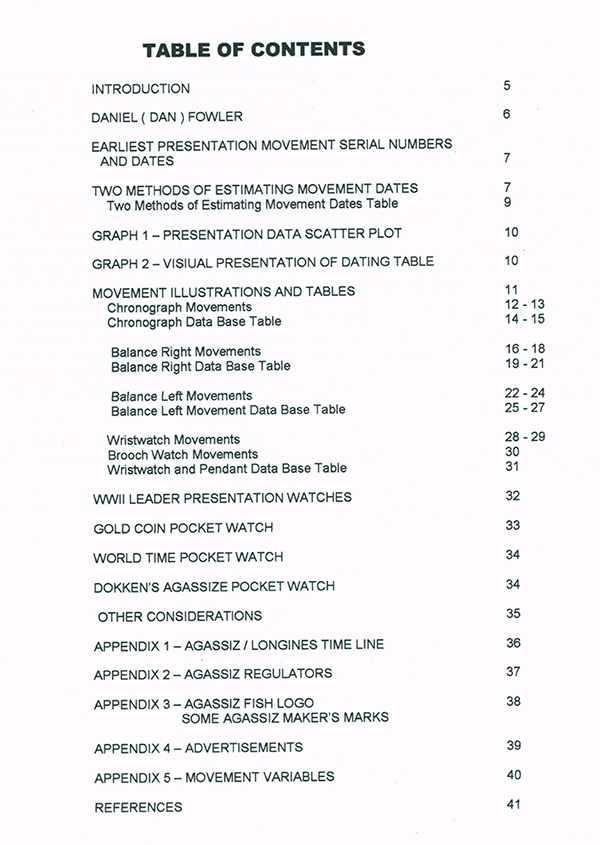 Table of contents of Agassiz Movement Dating and Illustrations by Maynard Dokken