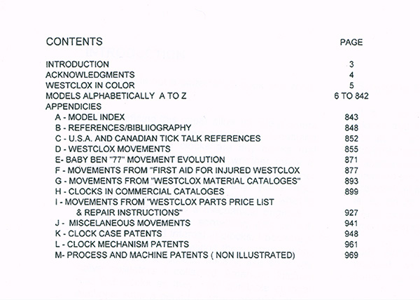 Table of contents of Westclox Spring Wound Clocks by Maynard Dokken