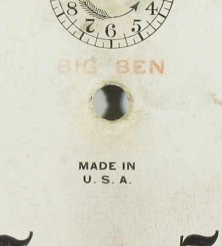 1.3 Early dial with backward curve of 7. BIG BEN in red above center, MADE IN U.S.A. below center. (examples: GA 7-3-9, BH date unknown).. Note BIG BEN in red