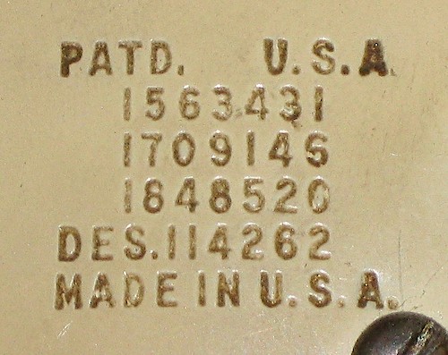 1 PATD.    U.S.A., 4 patent numbers, MADE IN U.S.A. 1939 to WWII.. Back 1