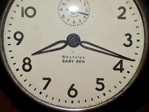 Large Westclox "Westclox" with upper case "W" and other letters lower case. Used from 1952 to end of style 6 production.. Dial: Large Westclox