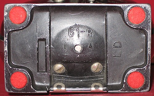 1 "LD", One Rectangle "61-R" in large lettering, "1 A" below it, "LD" at right angle on the right, recessed rectangle on left. Used ca. 1941. Clock is upright on base. ("2 A" not seen yet.). Base 1, LD,  1 Rectangle, 1 A