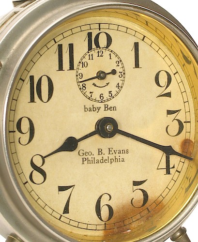 2.1 Imp Paper dial, baby Ben above center with first "b" in lower case, back of "4" is straight, no lettering at bottom. Late 1913 - late 1915.. Dial 2.1 Imp. "Geo. B. Evans, Philadelphia". The movement is dated 11-6-15 (November 6, 1915)