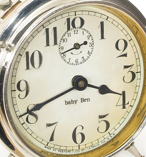 2.3 baby Ben below center with first "b" in lower case, MADE BY WESTERN CLOCK CO., LA SALLE, ILL., U.S.A. at bottom. Late 1915 - 1916.. Dial 2.3