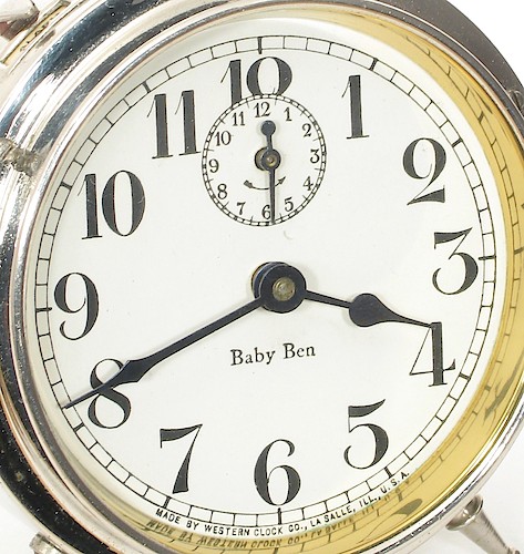 3.1 Baby Ben below center with first "B" in UPPER case, MADE BY WESTERN CLOCK CO., LA SALLE, ILL., U.S.A. at bottom. 1916 - 1917.. Dial 3.1