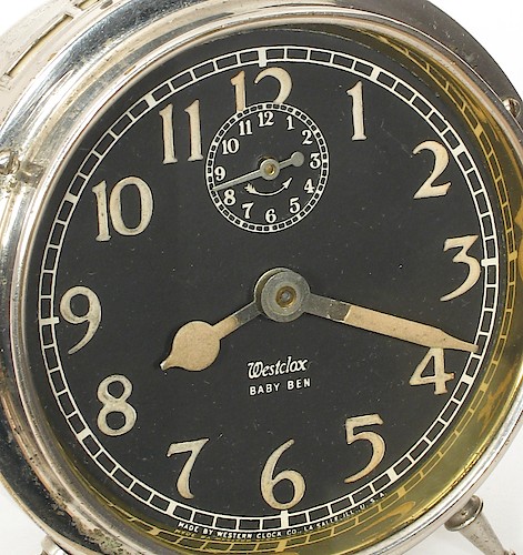 4.1 Lum Black luminous dial, Westclox BABY BEN below center, Westclox in italics. MADE BY WESTERN CLOCK CO., LA SALLE, ILL., U.S.A. at bottom. 1919 - 1922.. Dial 4.1 Lum