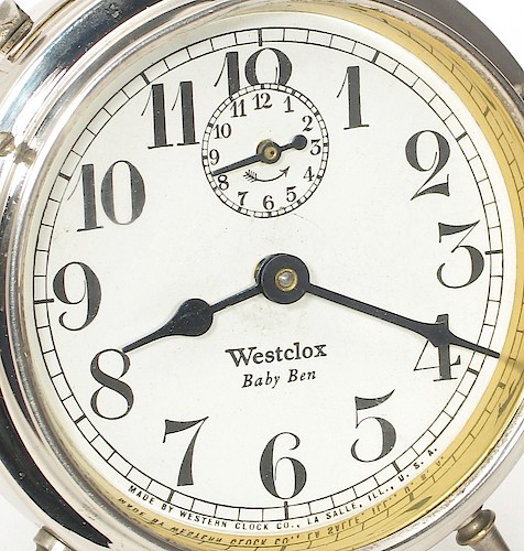 5.2 Westclox Baby Ben below center, Westclox in Roman font, flat-top x. MADE BY WESTERN CLOCK CO., LA SALLE, ILL., U.S.A. at bottom from 23.3 to 36.75. (like 5.1 but wide lettering at bottom). 1925 - 1927.. Dial 5.2