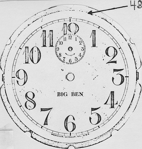2.3 BIG BEN below center, 48 at top, WESTCLOX, LA SALLE, ILL., U.S.A. in small lettering at bottom. ca. 1911.. Dial 2.3