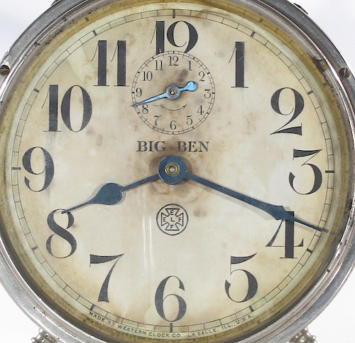 2.7 Imp BIG BEN above center, dealer imprint below center, MADE BY WESTERN CLOCK CO., LA SALLE, ILL., U.S.A. at bottom in standard size lettering. Ca. 1916 to 1917.. Dial 2.7 imp. Has leters E E E E L in a cross within a circle.