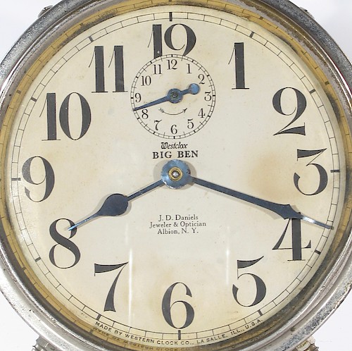 4.1 Imp Westclox BIG BEN above center with Westclox in italics. Dealer imprint below center. MADE BY WESTERN CLOCK CO., LA SALLE, ILL., U.S.A. at bottom from 25 to 35. 1917 to 1919.. Dial 4.1 Imp