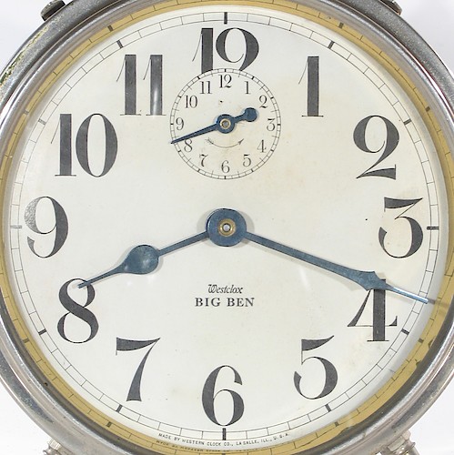4.2 Westclox BIG BEN below center with Westclox in italics. MADE BY WESTERN CLOCK CO., LA SALLE, ILL., U.S.A at bottom from 27 to 33 in small lettering. 1917 to 1920.. Dial 4.2