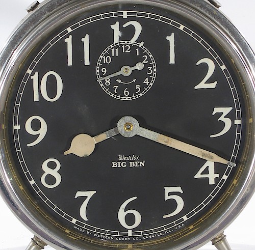 4.1 Lum Westclox BIG BEN below center with Westclox in italics. MADE BY WESTERN CLOCK CO., LA SALLE, ILL., U.S.A at bottom from 25.25 to 34.75. 1920 to 1922.. Dial 4.1 Lum