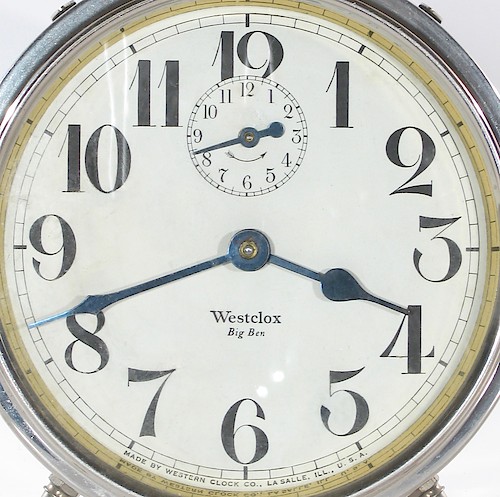 5.1 Westclox Big Ben below center with Westclox in Roman font. MADE BY WESTERN CLOCK CO., LA SALLE, ILL., U.S.A at bottom from 25 to 35. Ca. 1923.. Dial 5.1