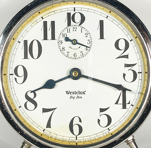 6.1 Westclox Big Ben below center with Westclox in Roman font, HAS TAIL ON THE "X". MADE BY WESTERN CLOCK CO., LA SALLE, ILL., U.S.A at bottom from 25 to 35. 1927 until the end of Big Ben Style 1a production in 1935.. Dial 6.1