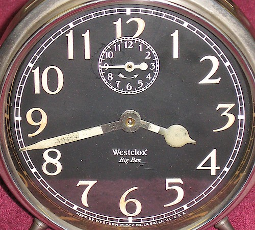 6.1 Lum Westclox Big Ben below center with Westclox in Roman font, HAS TAIL ON THE "X". MADE BY WESTERN CLOCK CO., LA SALLE, ILL., U.S.A at bottom from 25 to 34.75. 1927 until the end of Big Ben Style 1a production in 1935 (or was luminous dial discontinued a year or two before?). Dial 6.1 Lum