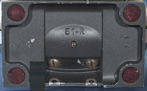 2 "Z 3" "61-R" in small lettering, "1 A" or "2 A" below it. The "1 A" base has auxiliary lettering "Z 3" on the left side, the "2 A" base has the auxiliary lettering "Z 3" on the right side. Clock tilts back on base. Used from 1945 to 1947. No extra casting dots in base.. Base 2, Z 3, 2 A