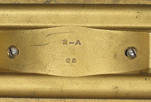 2 Base is standard depth of 1 27/32 inches. The cavity number "1-A" or "2-A" has narrow spacing. The "69" at the bottom is center aligned with the "1-A" or "2-A". Used from ca. August 1934 through early 1938.. Big 4 Base 2 "2-A"