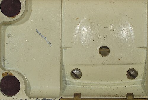 1 "ZZZ 5" “69-C" in large lettering,  "2 A" below it, "Z 5" at right a angle at the far left. Used from ca.  September 1941 to ca. mid-1947.. Big 5 Base 1 "A 2" "ZZZ 5