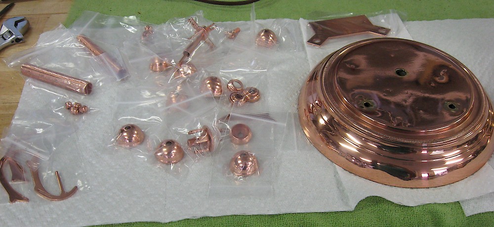 Schatz Copper Plated 400 Day Clock. The parts as received from being copper plated by Ken's Clock Clinic