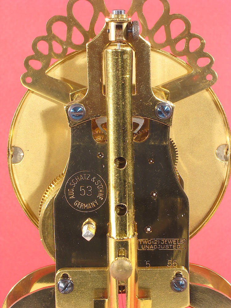 Schatz Miniature 400 Day Round Plastic Dome. The back of the movement, showiong the date code of 5 56 (May 1956).