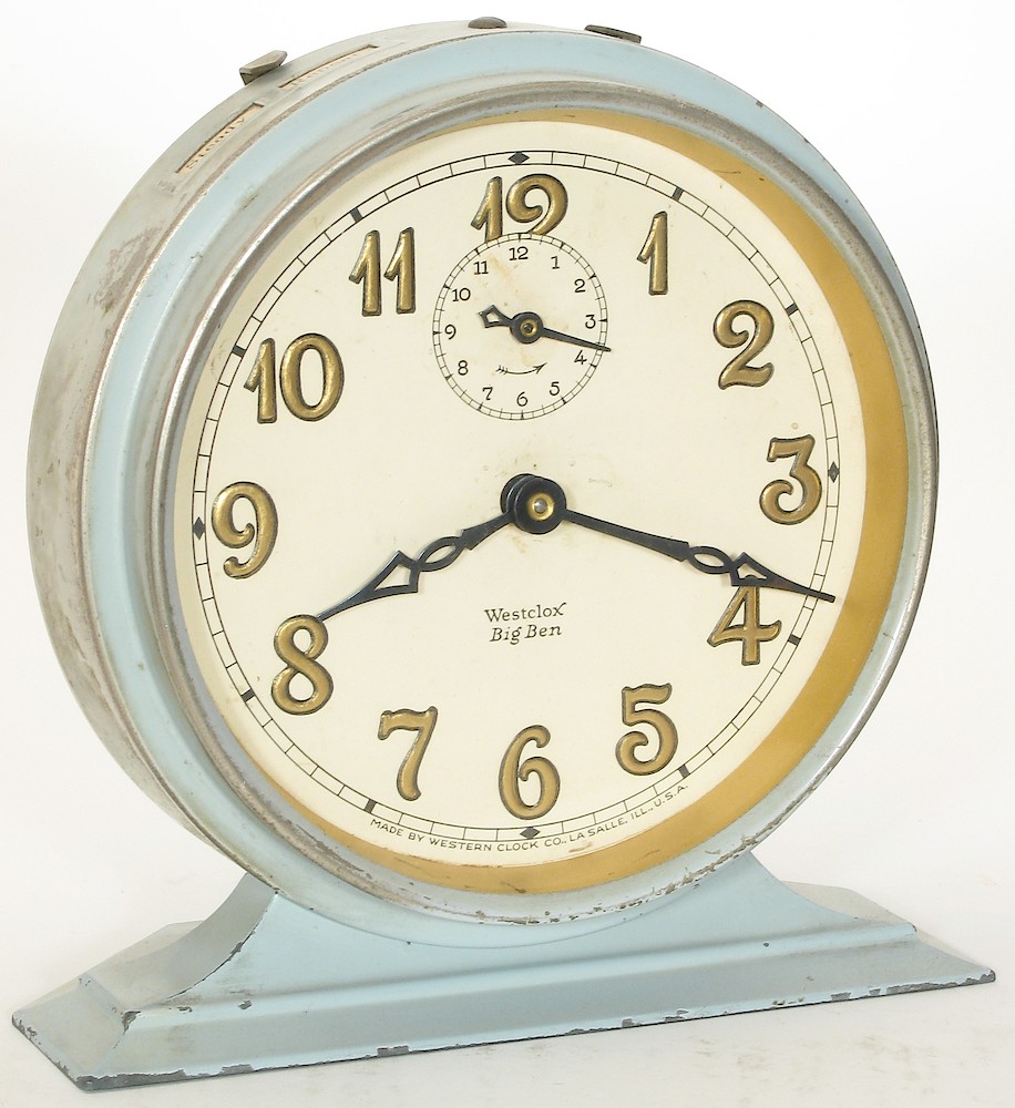 Westclox Big Ben Style 2 Solid Light Blue Gold Leaf Numeral. Big Ben style 2 in light  blue solid color case