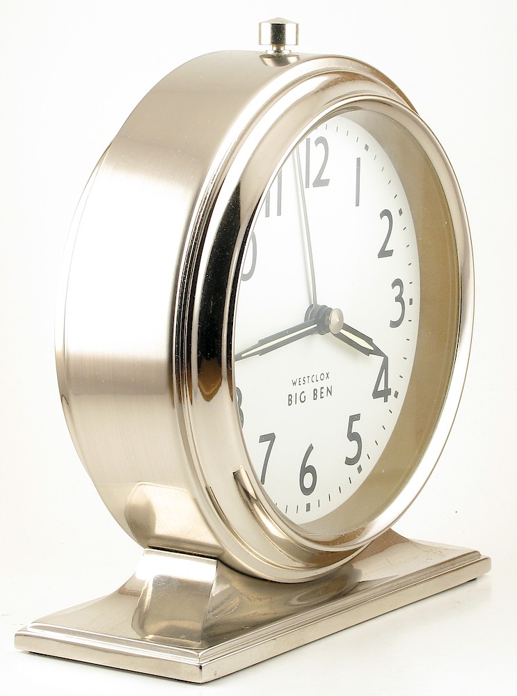 Westclox Big Ben Style 3 Butler Nickel White Dial Battery Reproduction. Westclox Big Ben Style 3 Butler Nickel White Dial Battery Reproduction Alarm Clock Model Photo