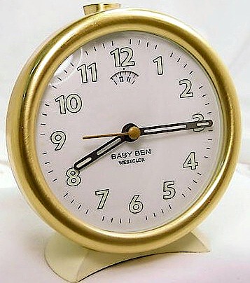 Westclox Baby Ben Style 10 Almond Case White Dial. Upright numeral dial Image courtesy of AlarmClocksOnline.com