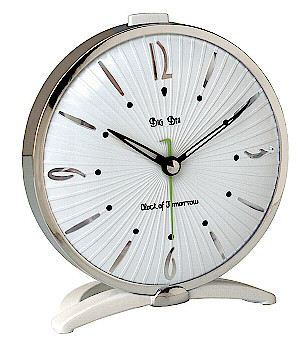 Westclox Reproduction Clock Of Tomorrow White Nickel. Westclox Reproduction Clock Of Tomorrow White Nickel Alarm Clock Model Photo