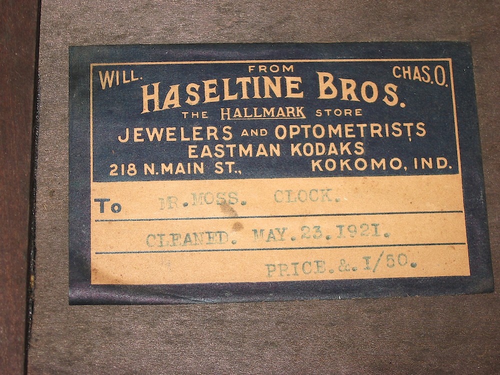 Seth Thomas Belmont No 2. Cleaned May 23, 1921 Haseltine Bros. Kokomo Ind