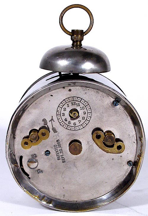 Westclox Nine O Clock Washing Tea. Back of Nine O'Clock Washing Tea Clock Has wording “PATENTED SEPT. 22. 1885” in two straight lines.
Courtesy of Gary Biolchini