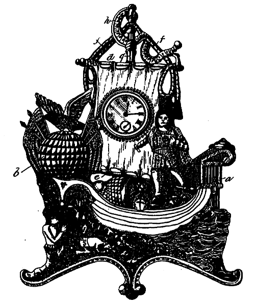 Clock Case. "The Principal Feature Of My Design Consists In The Representation In Relief Of The Landing Of A Ship, Upon Which Is Represented The Figure Of Columbus In A Prominent Position, And At His Side A Ship&039;s Sail With The Clock-face As Its Central Feature."

"Referring To The Drawing, A Represents A Spanish Caravel In Relief  Supported ... 