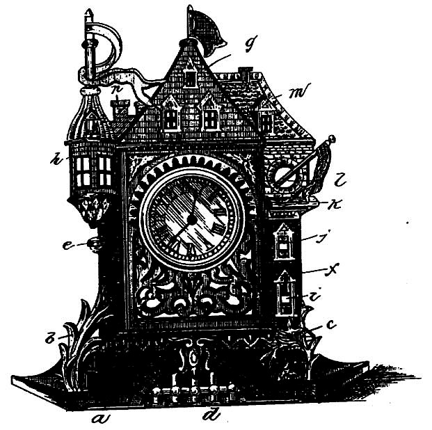 Clock Case. "The Leading Feature Of My Design Consists Of The Representation In Bas-relief Of A Castle Or Castelated Structure, In The Central Portion Of The Elevation Of Which, Beneath An Archway, Is Located A Clock-face."

"Referring To The Drawing, A Represents The Base Of The Structure, Formed To Represent Masonry. Said Base Is Wider Than ... 