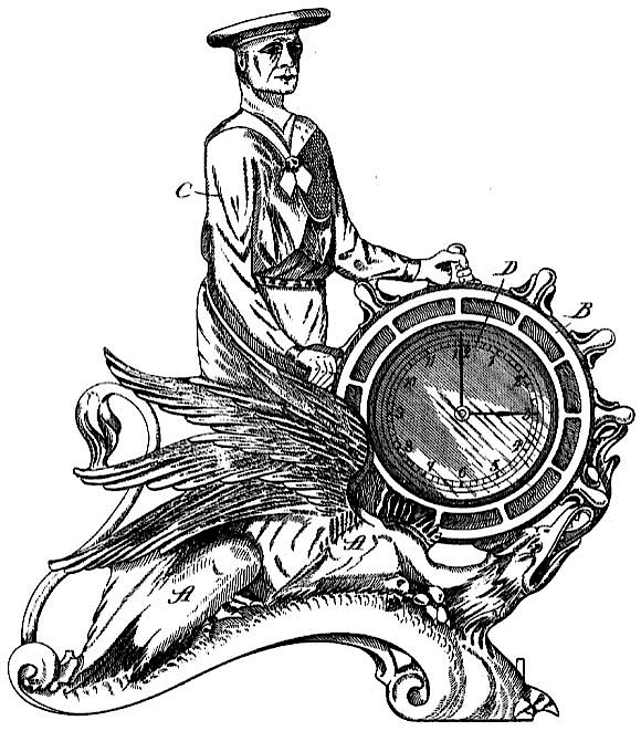 Clock Frame. "As Shown In The Accompanying Drawing, The Leading Or Material Feature Of My Design Consists In The Figure Of A Dragon A, Carrying Near Its Head End A Wheel B And Mounted By The Figure Of A Sailor C, Gripping Handles On The Wheel With His Hands And Represented In The Attitude Of Steering. The Face Of A Clock D Shows At The Wheel, Which Encircles ... 