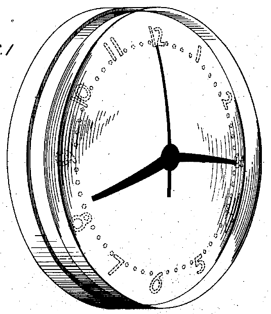 Wall Clock. "Distinguishing Features Of This Design Include A Convex Dial, Curved Hands, And A Convex Crystal Having A Cylindrical Portion Which Is Joined To The Clock Case."