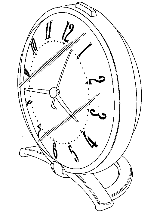 Clock. "The Essential Features  Of My Design Present A Clock Having A Face Which Is Very Large In Respect To The Over-all Dimensions Of The Clock. The Face Is Covered By A Curved Crystal Which Extends To A Wide, Massive Band That Encircles The Largest Dimension Of The Clock. These Features Are In Combination With The Base Having An Open Configuration, As ... 