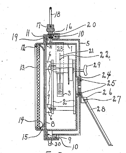 Alarm Clock. A Case Design With An Inner Back Having An Opening Through Which A Hammer Hits A Bell, This Bell Fully Covering The Back Of The Case. Quoting From The Patent: "It Is Evident From The Above Description That My Alarm Clock Can Be Very Easily Assembled, That It Uses An Extremely Large Bell, Which Is Larger Than The Movement Case And Forms The Exposed ... 