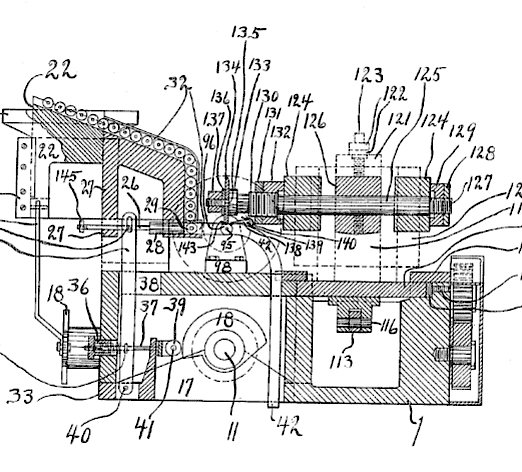 Automatic Pinion Cutting Machine. This Is A Divsion Of Patent No. 937259, Emphisizing A "runway" That Feeds The Blanks From The Hopper To The Arbor That The Blank Is Forced Onto For Cutting By The Milling Cutter.