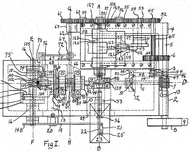 Automatic Pinion Cutting Machine. This Is A Divsion Of Patent No. 937259, Emphisizing How The Arbor That The Pinion Blank Is Mounted Moves For The Cutting Operation And Is Withdrawn After Cutting To Release The Newly Cut Pinion.