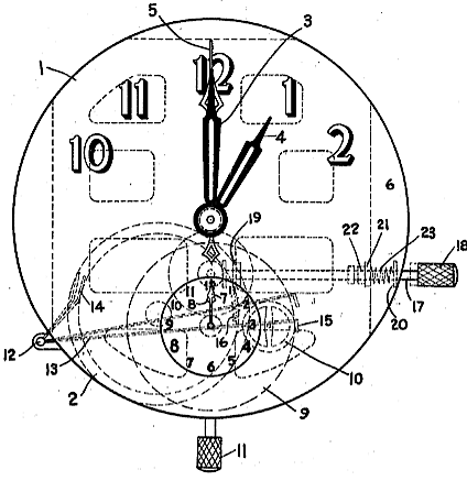 Electric Clock. The Drawing Shows A Sangamo Self-starting Motor, But The Patent States It Is Applicable To Manual Start Motors As Well. The Auxiliary Movement Is Watch Movement With Balance Wheel. A Pivoted Lever Is Operated By The Magnetic Field Of The Motor To Stop The Balance Wheel When The Motor Is Operating, And Letting The Balance Wheel Operate When The ... 