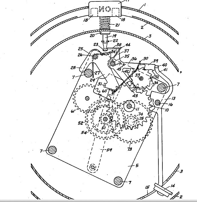 Clock. The Movement Has The Following Features: Push Top Knob To Turn On Alarm, And Push It Again To Turn It Off; On/off Knob Shows "ON" When The Alarm Is Turned On. The Patent Concentrates On The Alarm And Setting Mechanisms.