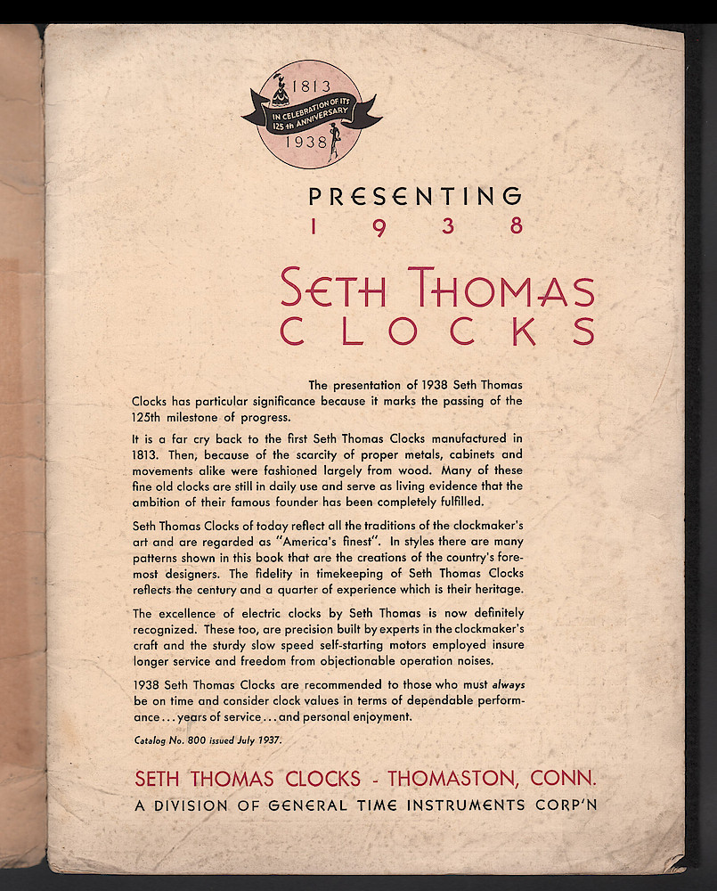 Seth Thomas Presents 1938 Clocks > 1. 1937, Seth Thomas Catalog No. 800; Seth Thomas Clocks; Thomaston; Conn.; a Division of General Time Corporation; page 1