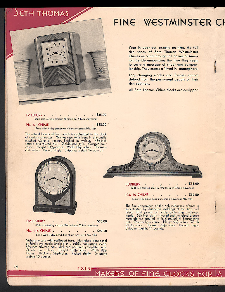 Seth Thomas Presents 1938 Clocks > 12. 1937, Seth Thomas Catalog No. 800; Seth Thomas Clocks; Thomaston; Conn.; a Division of General Time Corporation; page 12