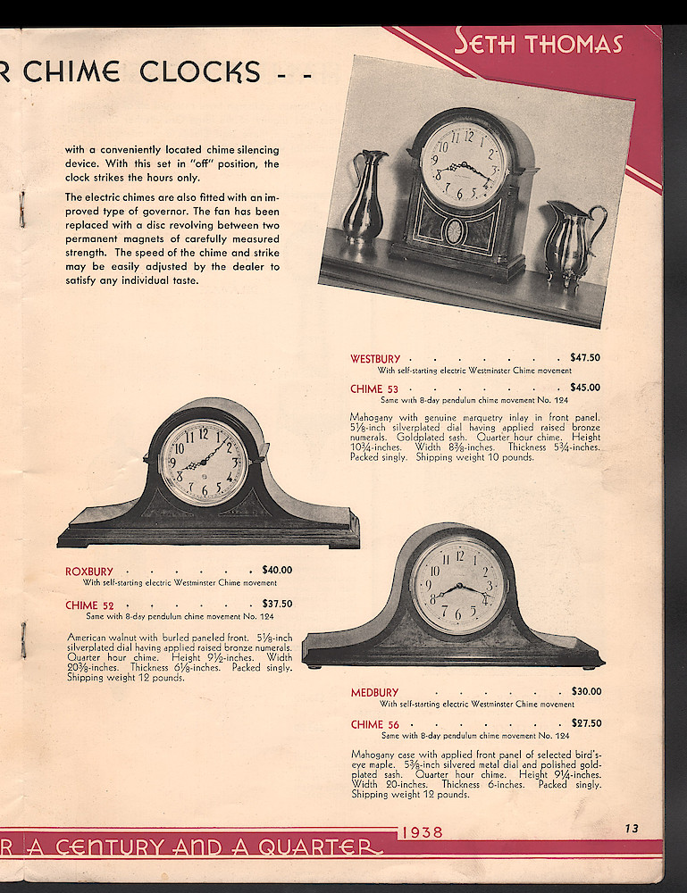 Seth Thomas Presents 1938 Clocks > 13. 1937, Seth Thomas Catalog No. 800; Seth Thomas Clocks; Thomaston; Conn.; a Division of General Time Corporation; page 13