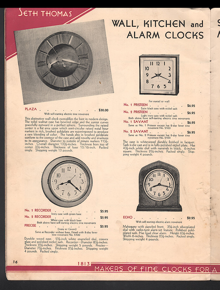 Seth Thomas Presents 1938 Clocks > 16. 1937, Seth Thomas Catalog No. 800; Seth Thomas Clocks; Thomaston; Conn.; a Division of General Time Corporation; page 16