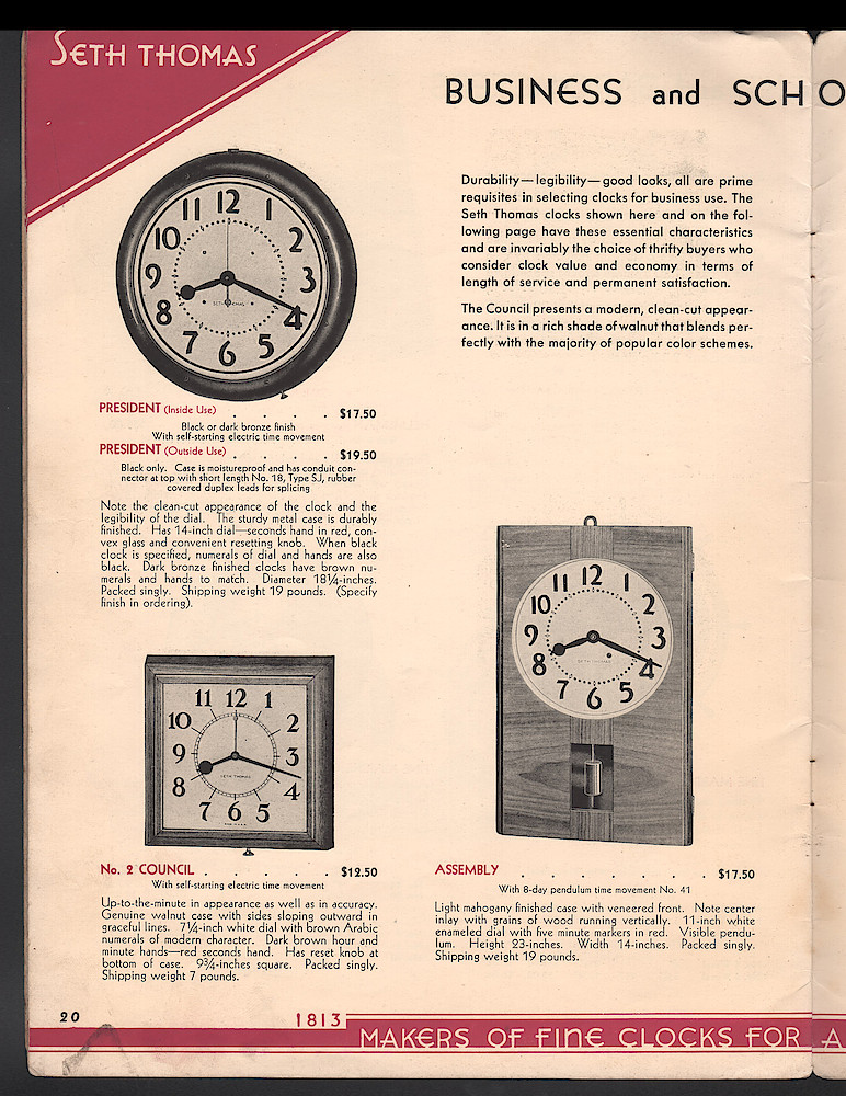 Seth Thomas Presents 1938 Clocks > 20. 1937, Seth Thomas Catalog No. 800; Seth Thomas Clocks; Thomaston; Conn.; a Division of General Time Corporation; page 20